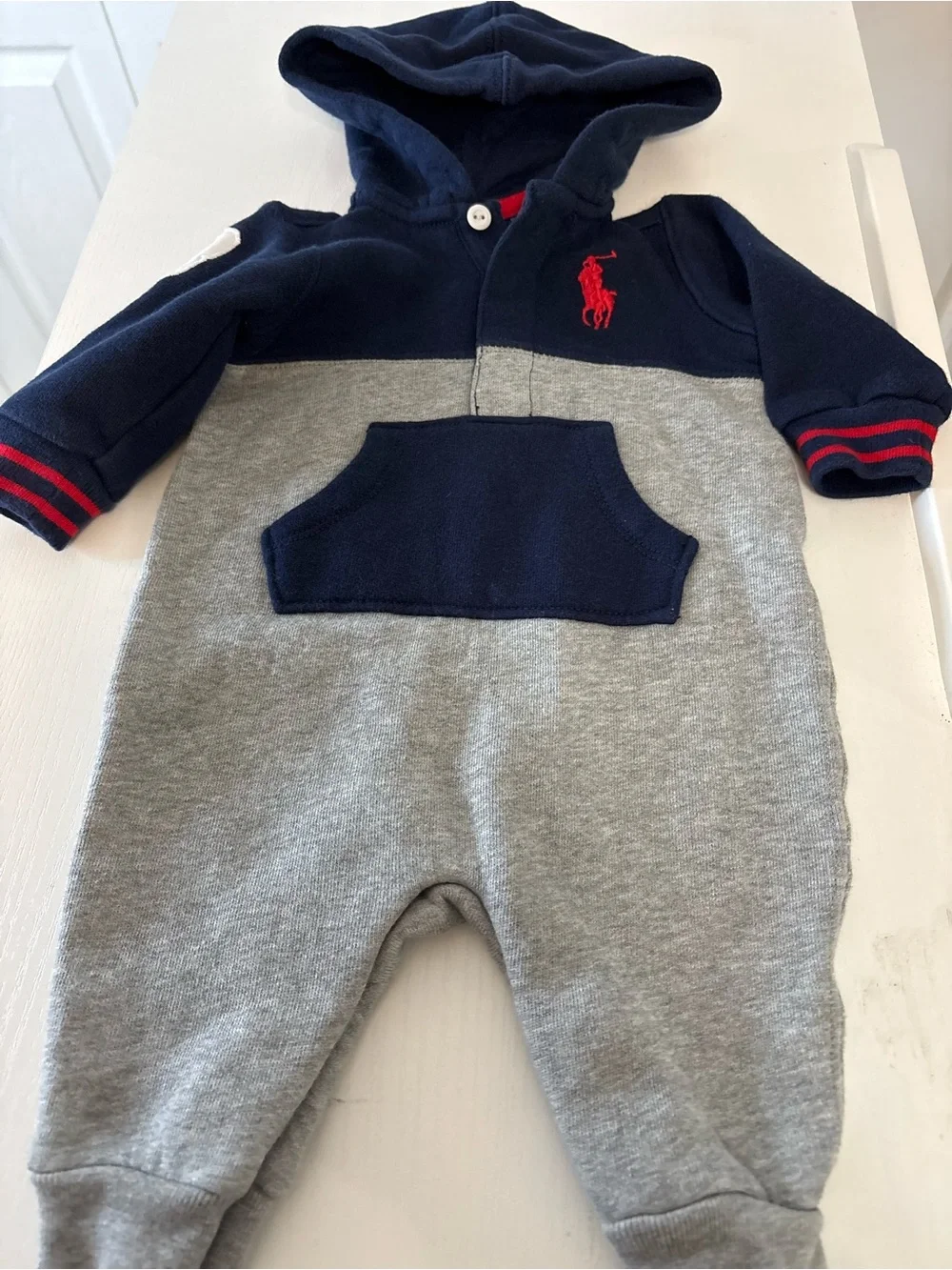 Ralph Lauren Baby Hooded Coverall One Piece Romper 0-3 3 Months Navy Gray Polo